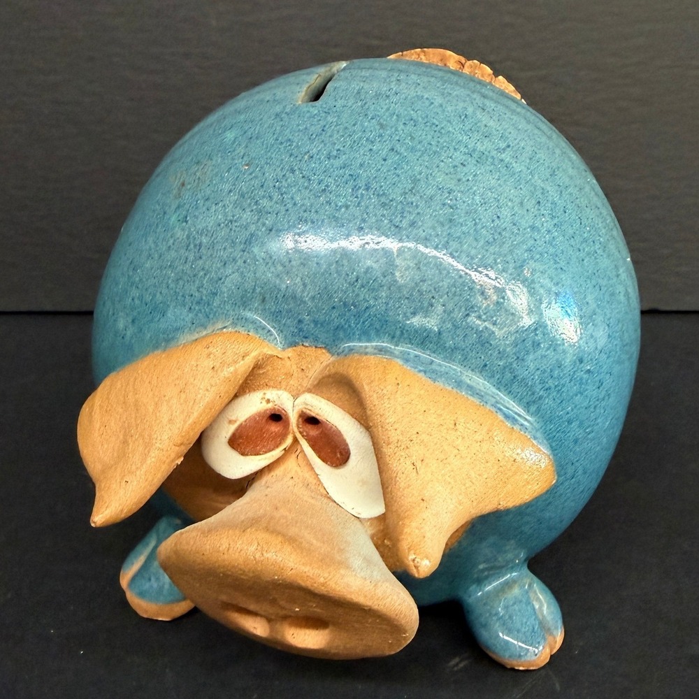 Vintage‎ Piggy Bank with Cork Butt Blue Glazed ceramic Whimsical Pig Figurine
